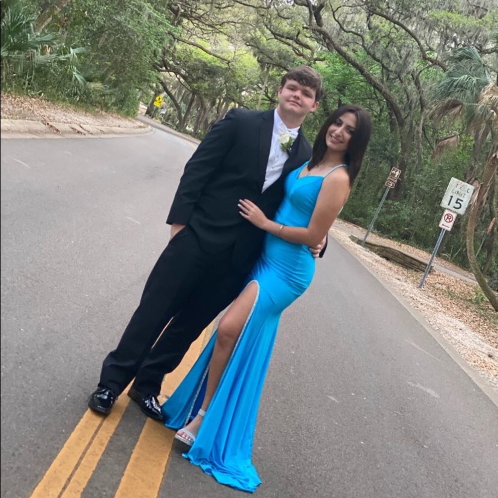 Blue teal Sophia Thomas prom dress